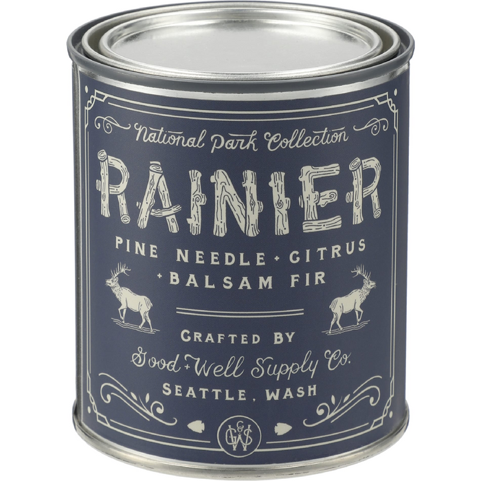 Front view of the Rainier National Park 14 oz Candle
