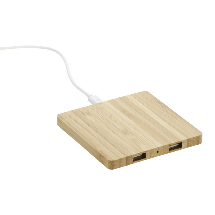 Angle-Right and Blank view of the FSC Bamboo Wireless Charging Pad with Dual Outputs