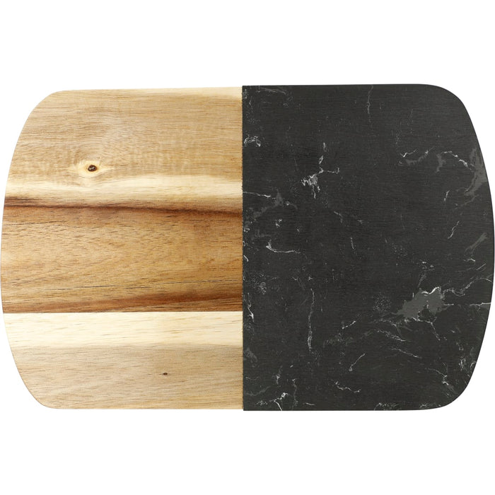 Front and Blank view of the Black Marble Cheese Board Set with Knives