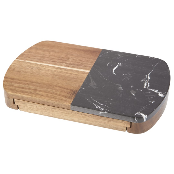 Front and Blank view of the Black Marble Cheese Board Set with Knives