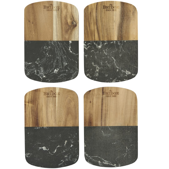 Front view of the Black Marble Cheese Board Set with Knives
