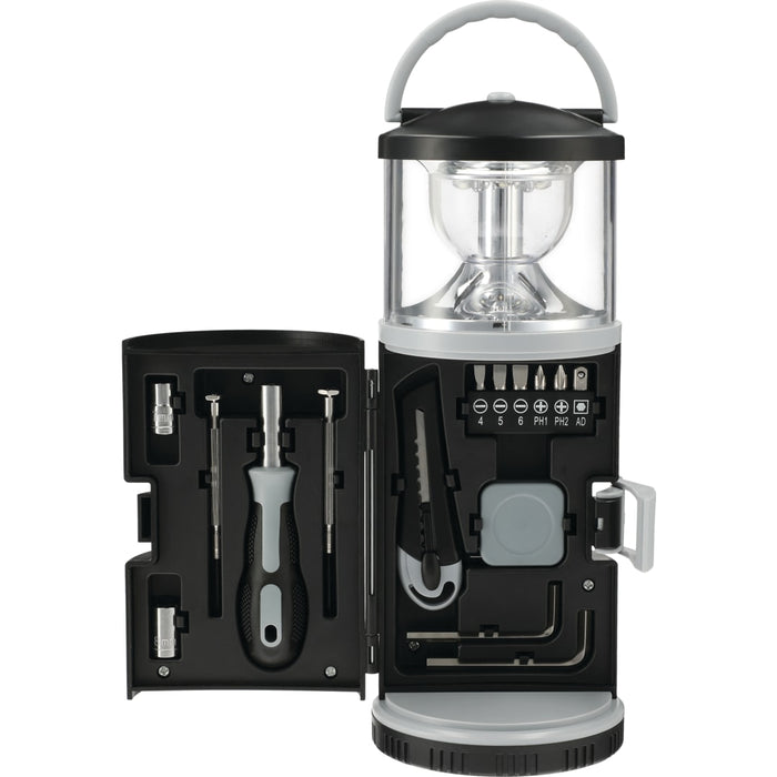 Front view of the 15 piece Tool Kit with Multi Function Lantern