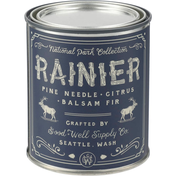 Front view of the Rainier National Park 14 oz Candle