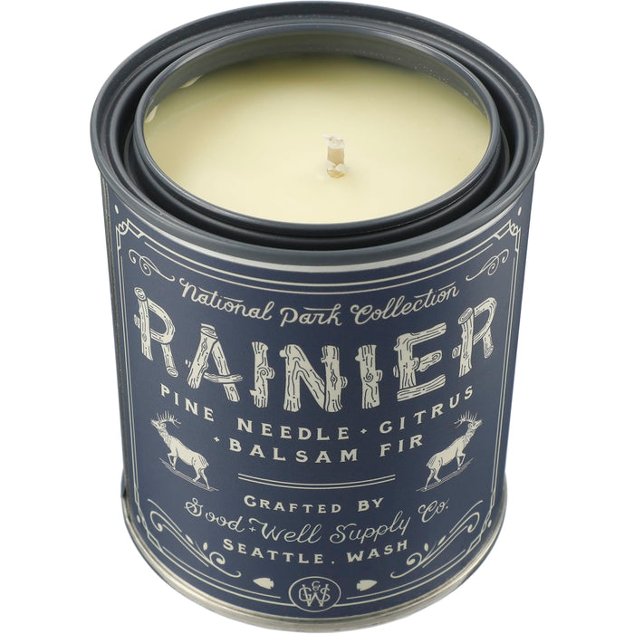 Front view of the Rainier National Park 14 oz Candle