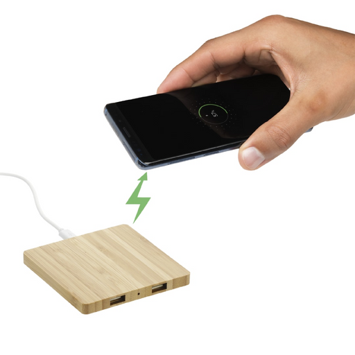 Angle-Right and Blank view of the FSC Bamboo Wireless Charging Pad with Dual Outputs