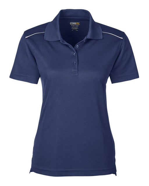 Front and Blank view of the Ladies' Radiant Performance Piqué Polo with Reflective Piping