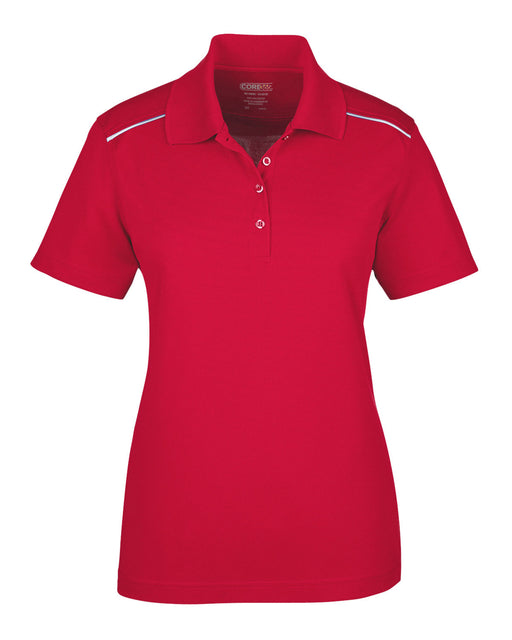 Front and Blank view of the Ladies' Radiant Performance Piqué Polo with Reflective Piping