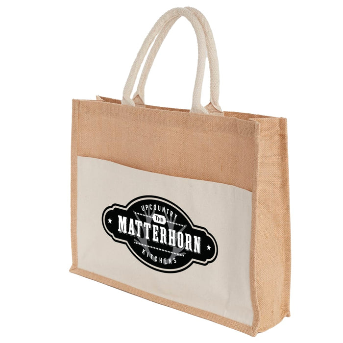 Left-Side view of the Jute Shopper Tote with Recycled Cotton Pocket