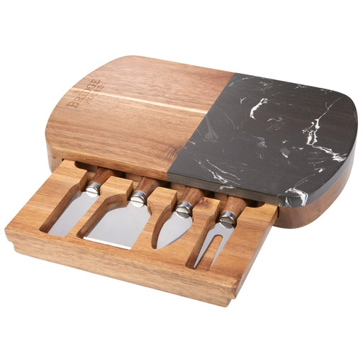 Front and Decorated view of the Black Marble Cheese Board Set with Knives