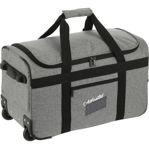 Front and Decorated view of the Graphite Recycled Wheeled Duffel