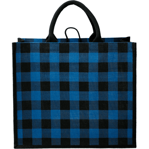 Front view of the Buffalo Plaid Printed Jute Tote